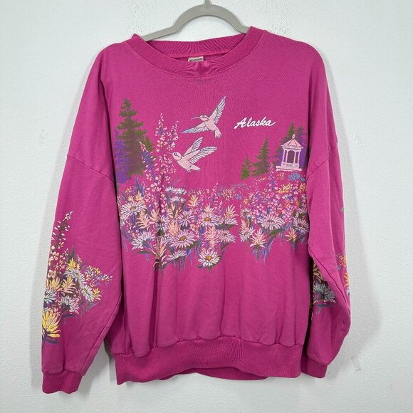 Vintage Alaska Wildflower Hummingbirds Painted Screenprinted Pink Sweatshirt - Picture 1 of 8